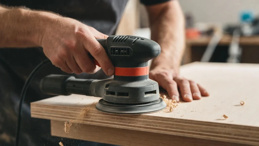 Primer plano de carpintero lijando madera en un taller.