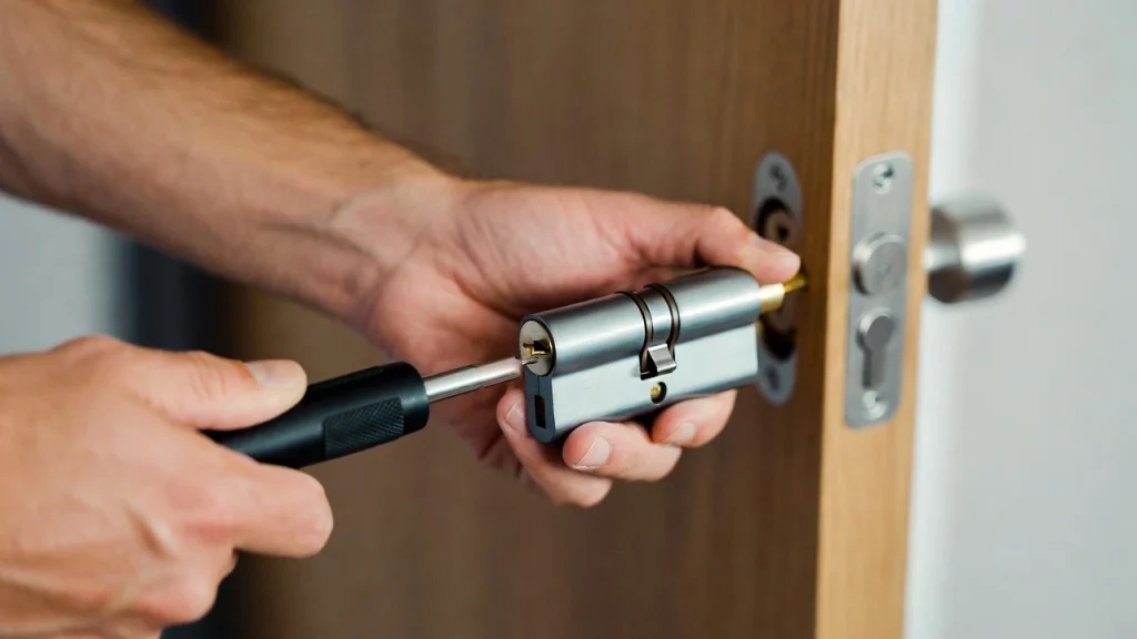Primer plano de cerrajero instalando un bombín de seguridad en una puerta.