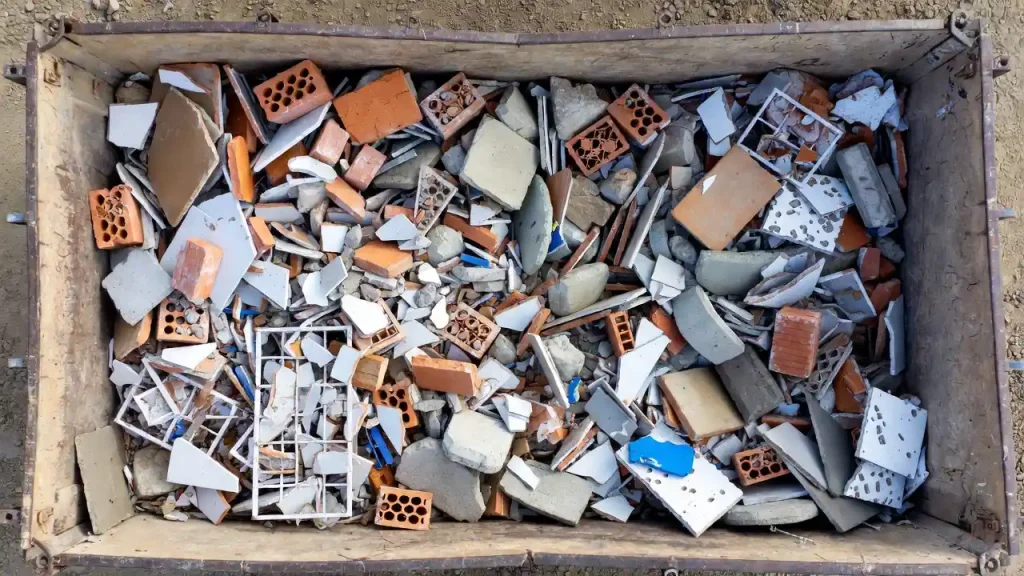 Detalle de escombros en contenedor durante una reforma.
