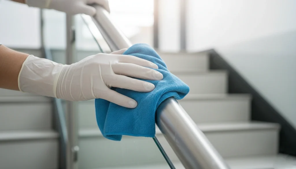 Detalle de limpieza de barandilla en comunidad de vecinos con desinfección.