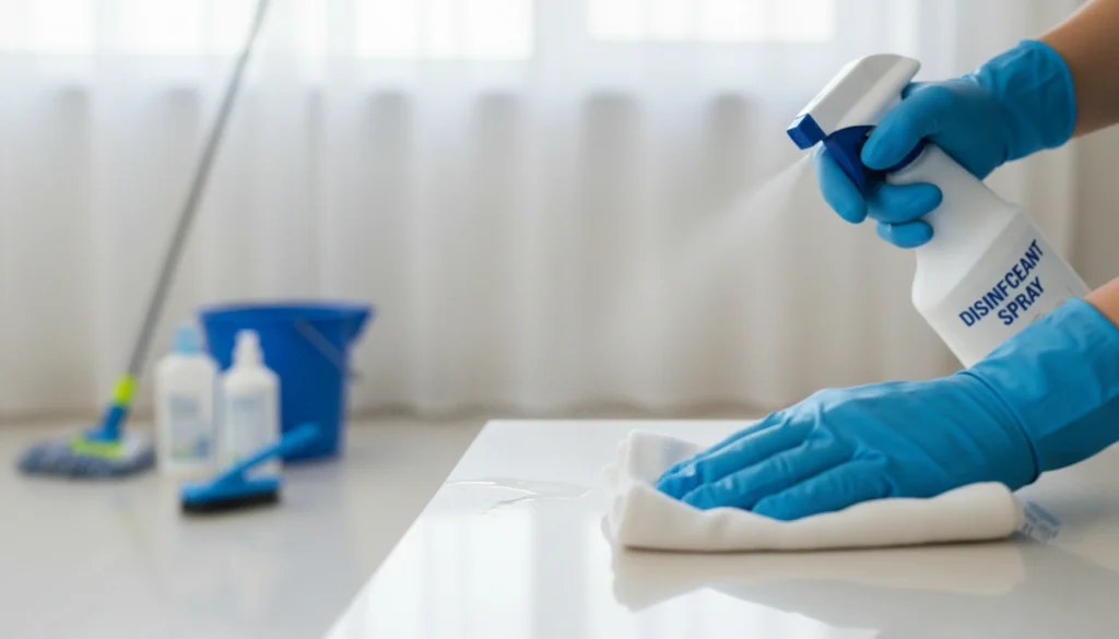 Primer plano de profesional realizando un servicio de limpieza con paño y producto desinfectante.