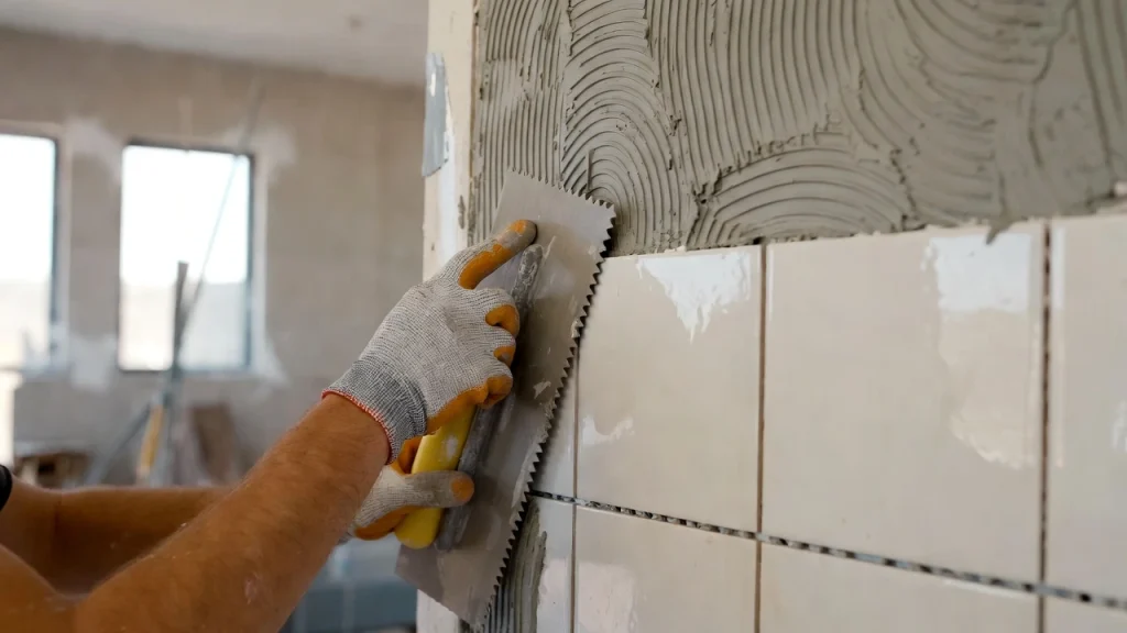 Primer plano de trabajador colocando azulejos durante una reforma.