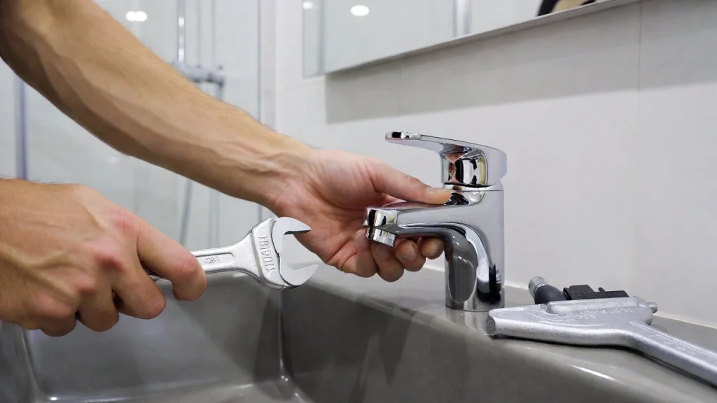 Primer plano de fontanero instalando un grifo en un lavabo.