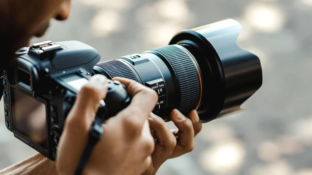 Primer plano de fotógrafo ajustando la lente de una cámara profesional.