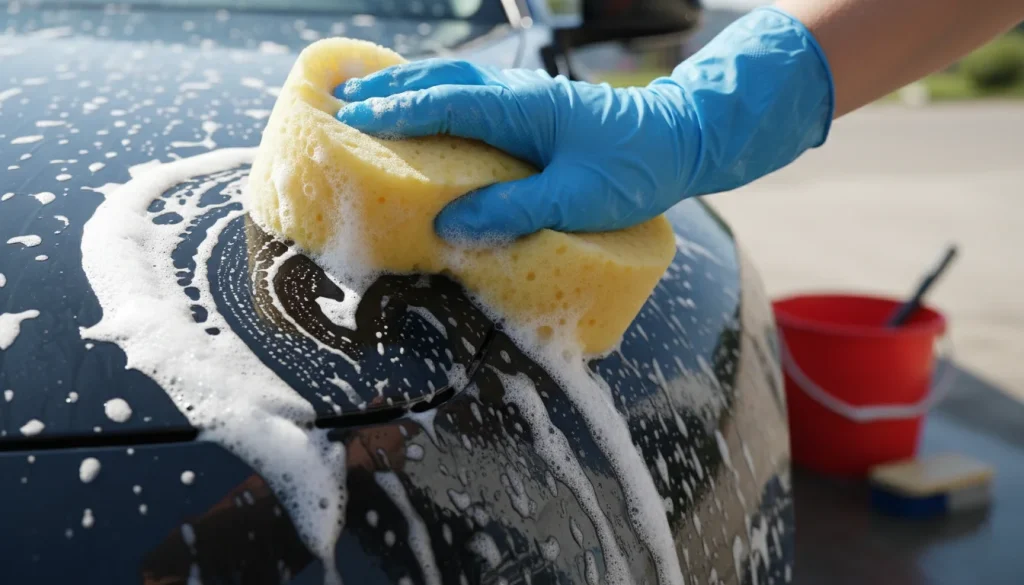 Primer plano de lavado a mano de coche con esponja y espuma durante un servicio de limpieza de vehículos.