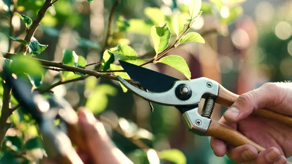 Detalle de poda profesional de árbol, mostrando ramas y hojas cortadas.