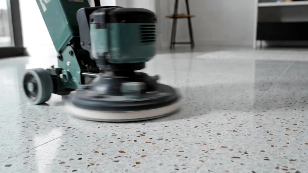 Primer plano de máquina pulidora abrillantando suelo de terrazo.