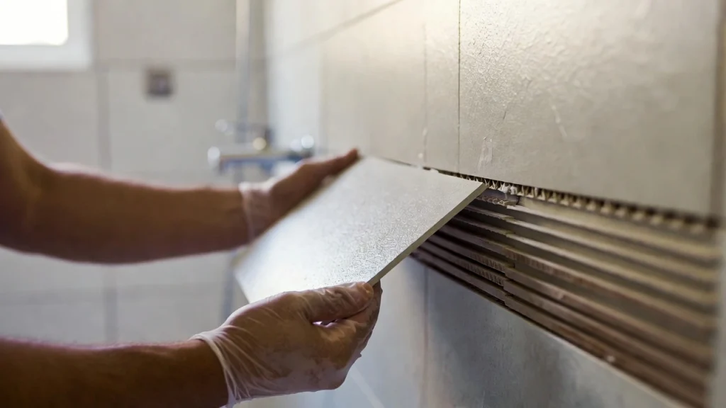 Primer plano de instalación de azulejos durante la reforma de un baño.