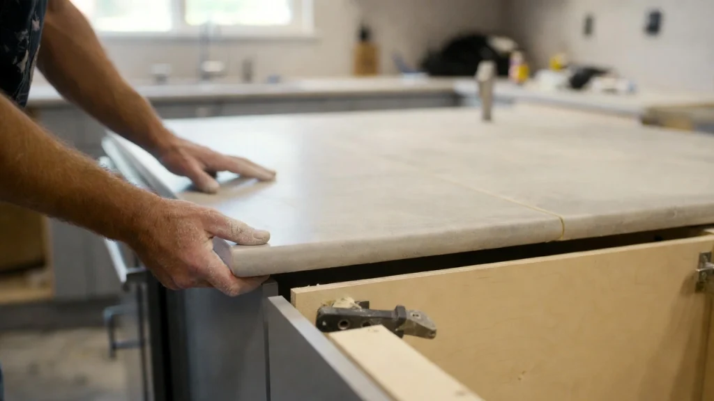 Primer plano de instalación de encimera durante la reforma de una cocina.