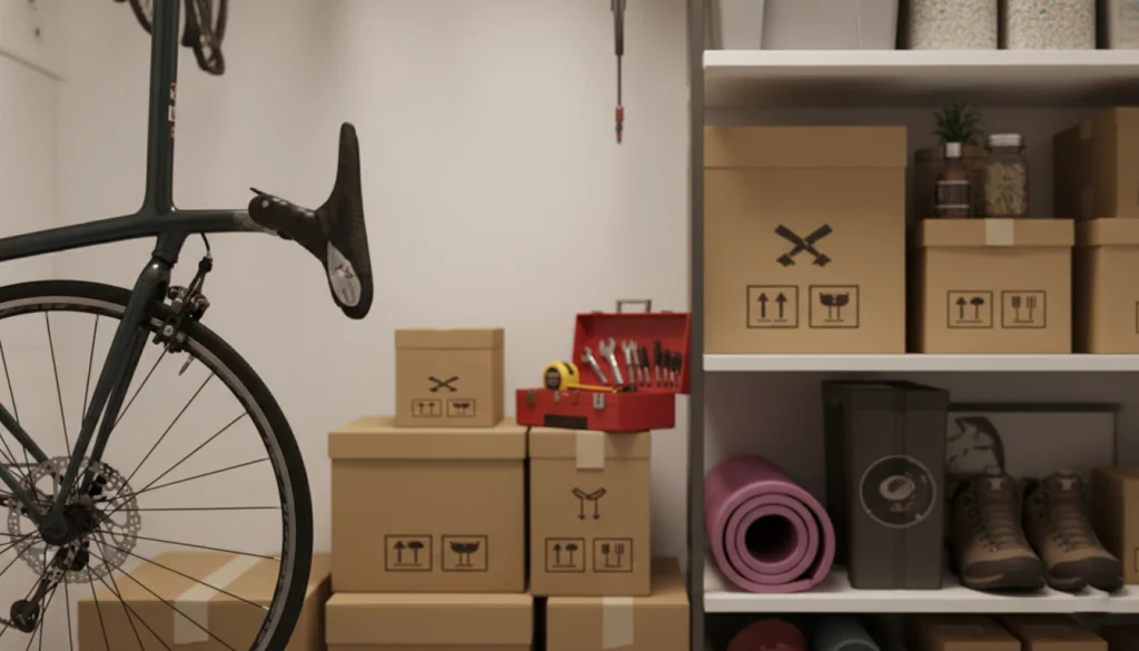 Detalle de almacenamiento en trastero con cajas y objetos organizados.