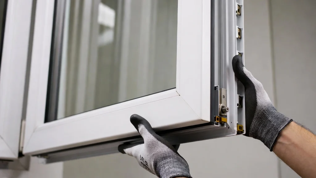 Primer plano de instalación de una instalación de ventana de PVC.
