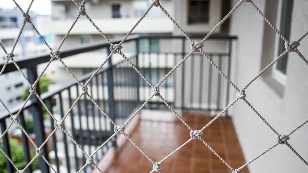 Primer plano de red de seguridad para mascotas tensada en un balcón.